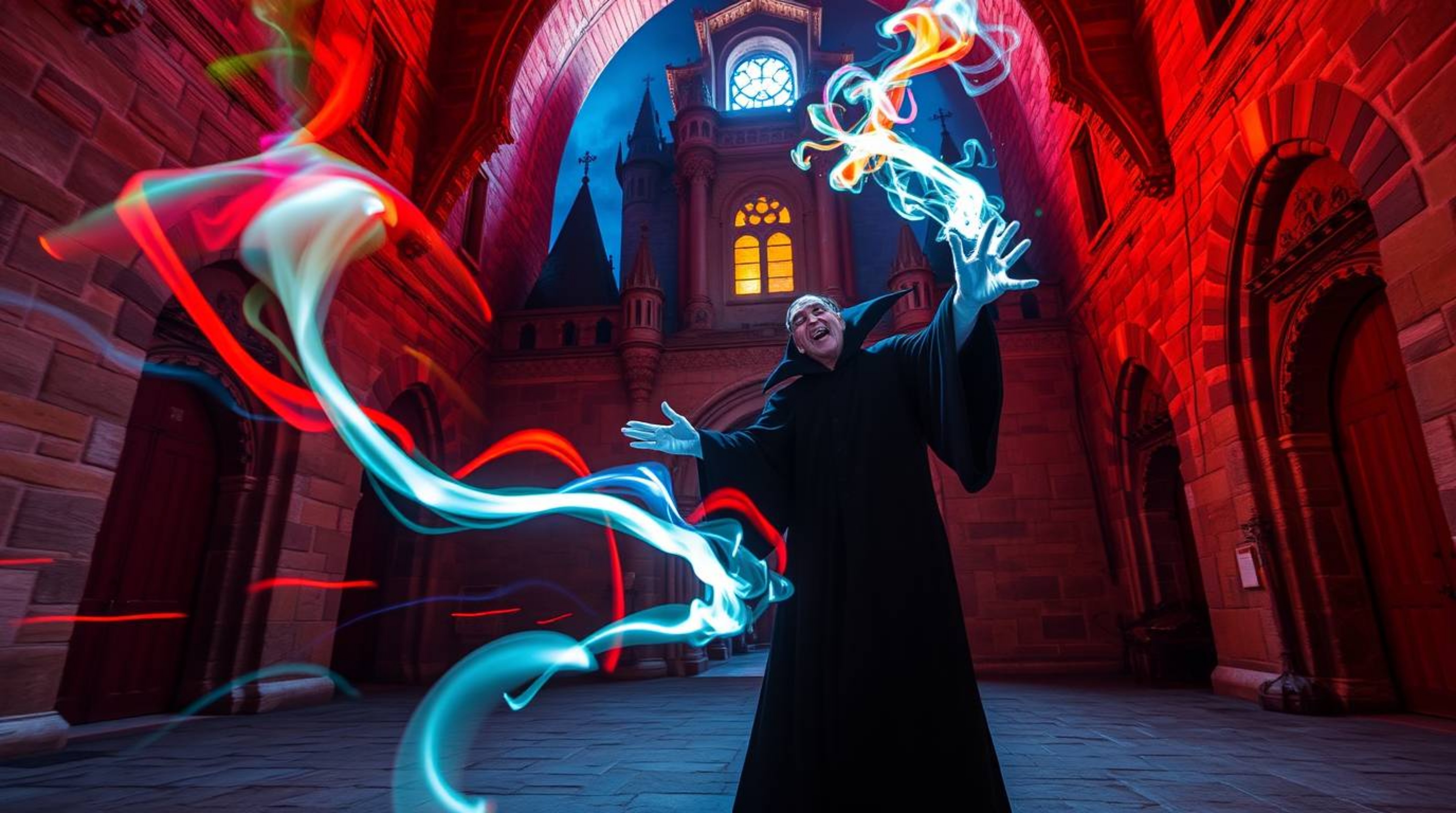 A captivating long exposure photograph depicts a classic Disney villain casting a spell within an ancient castle. Electric,