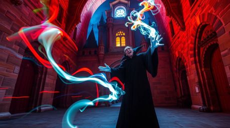 A captivating long exposure photograph depicts a classic Disney villain casting a spell within an ancient castle. Electric,