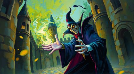 A vibrant acrylic painting depicting a classic Disney villain casting a spell within an ancient castle.  The artwork showcase