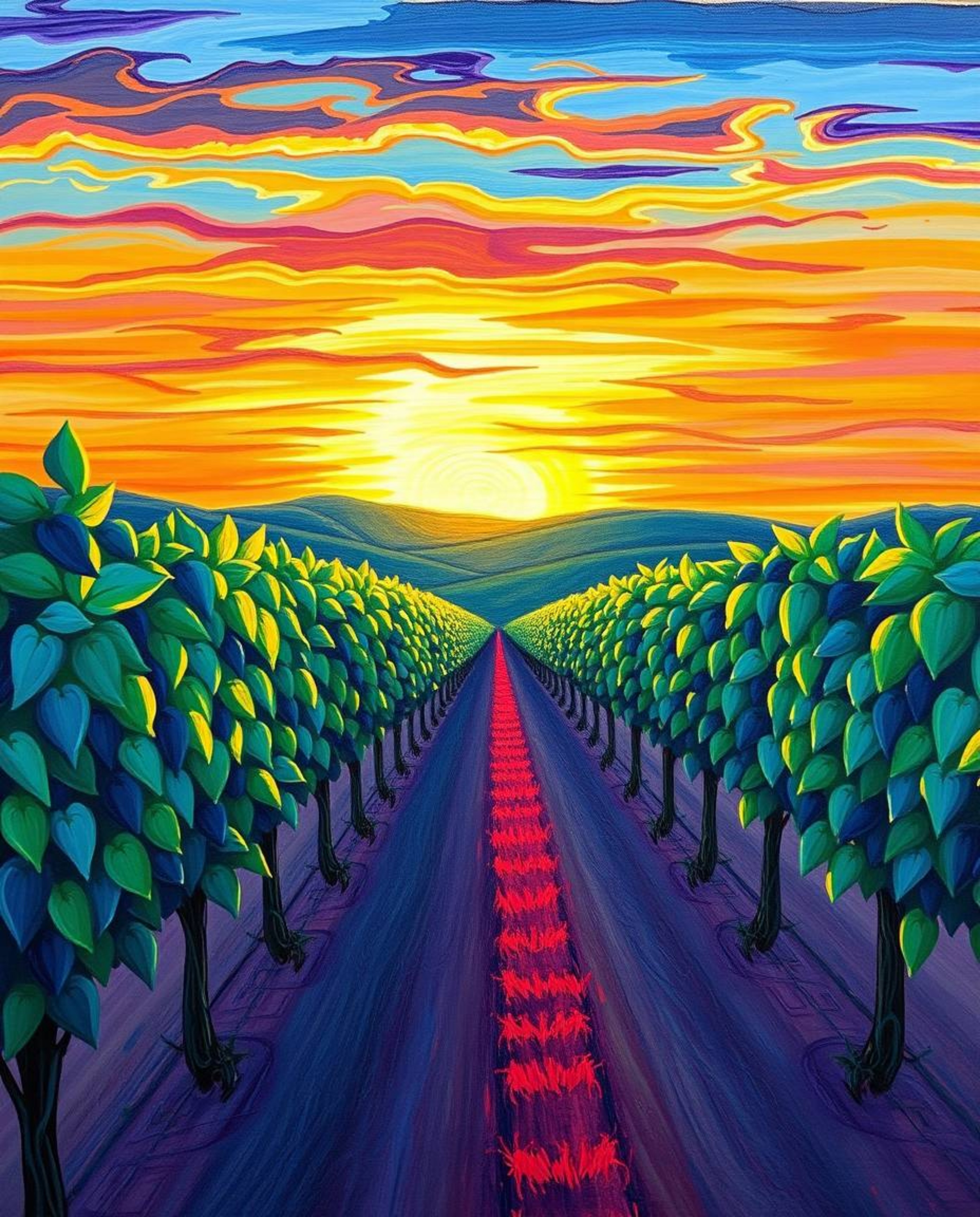 A vibrant acrylic painting depicts a sunset over a vineyard, uniquely rendered in a palette of cool colors like blues, greens
