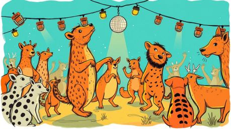 A vibrant hand-drawn sketch depicts an energetic animal dance party bathed in the warm glow of golden hour and dazzling disco