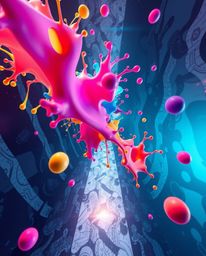 Experience a high-angle perspective of surreal digital art featuring abstract 3D colorful splash shapes floating in space. Th