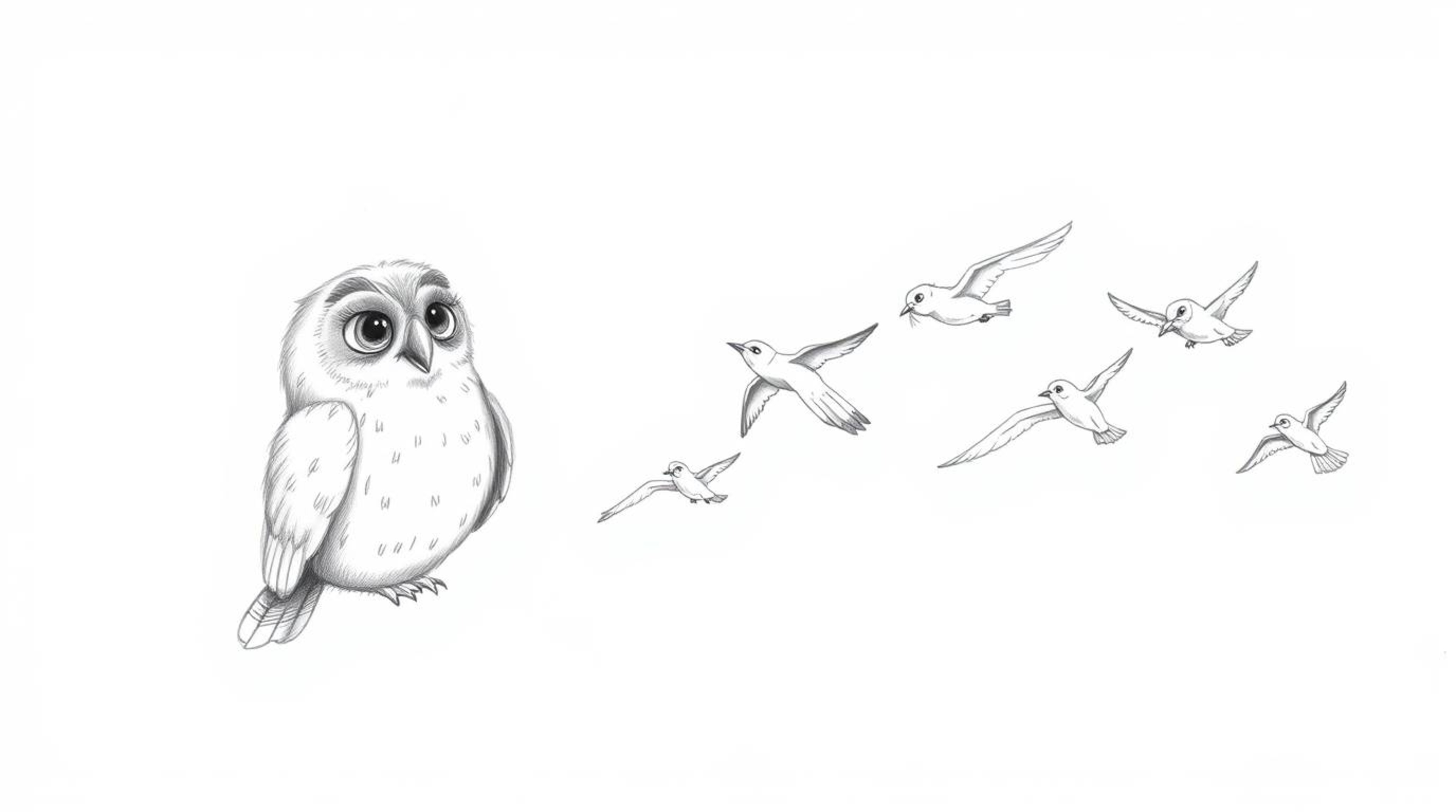 A hand-drawn pencil sketch in the style of Pixar depicts a wise, blind owl with soft, feathery textures, teaching a flock of 