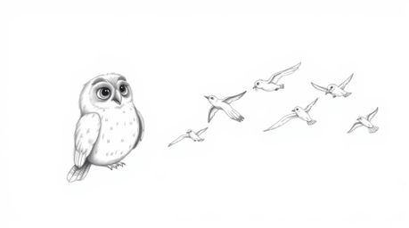 A hand-drawn pencil sketch in the style of Pixar depicts a wise, blind owl with soft, feathery textures, teaching a flock of 