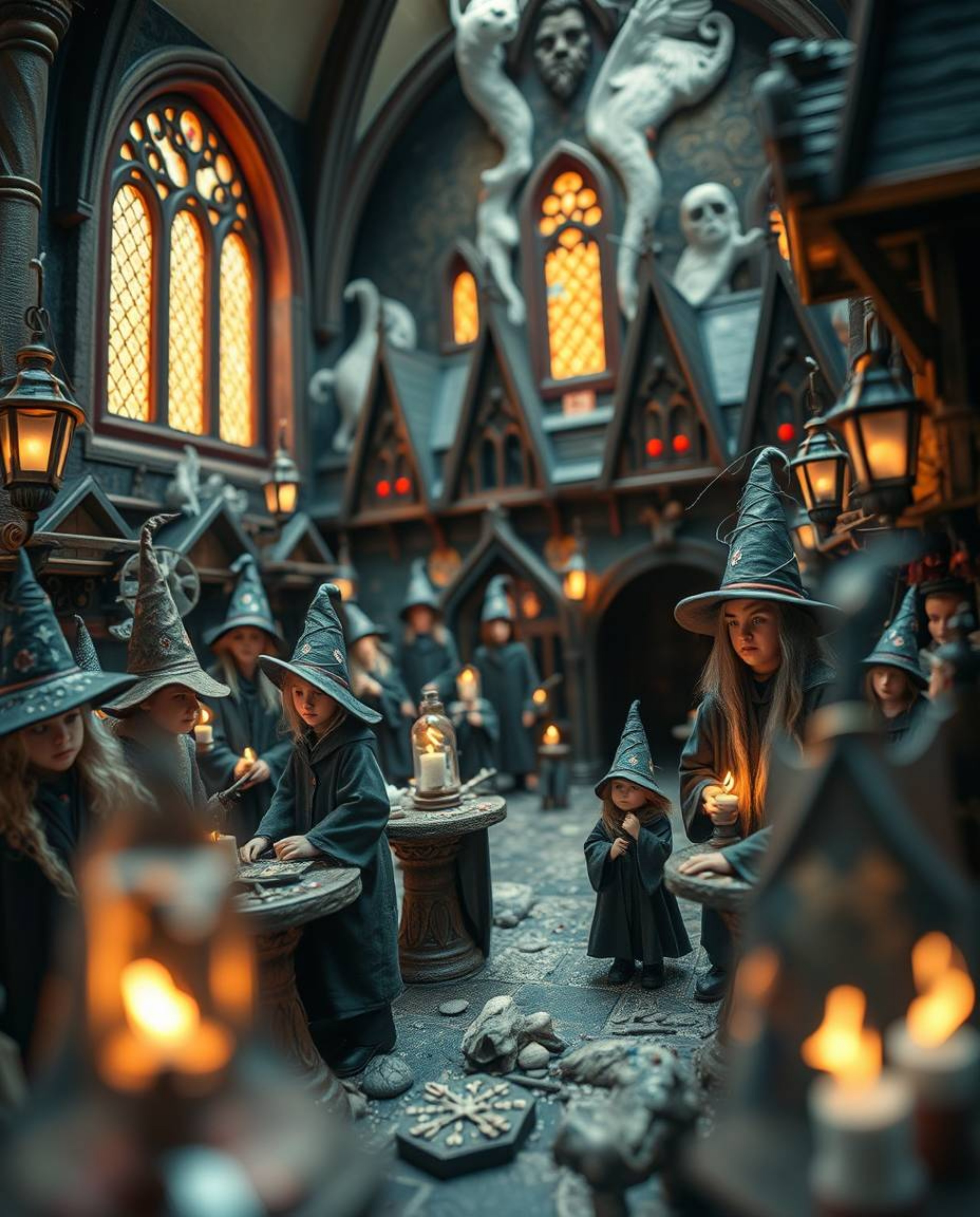 Explore a dreamlike, surreal realm in this extreme macro close-up image of a fantastical magical school.  Witness bizarre sce