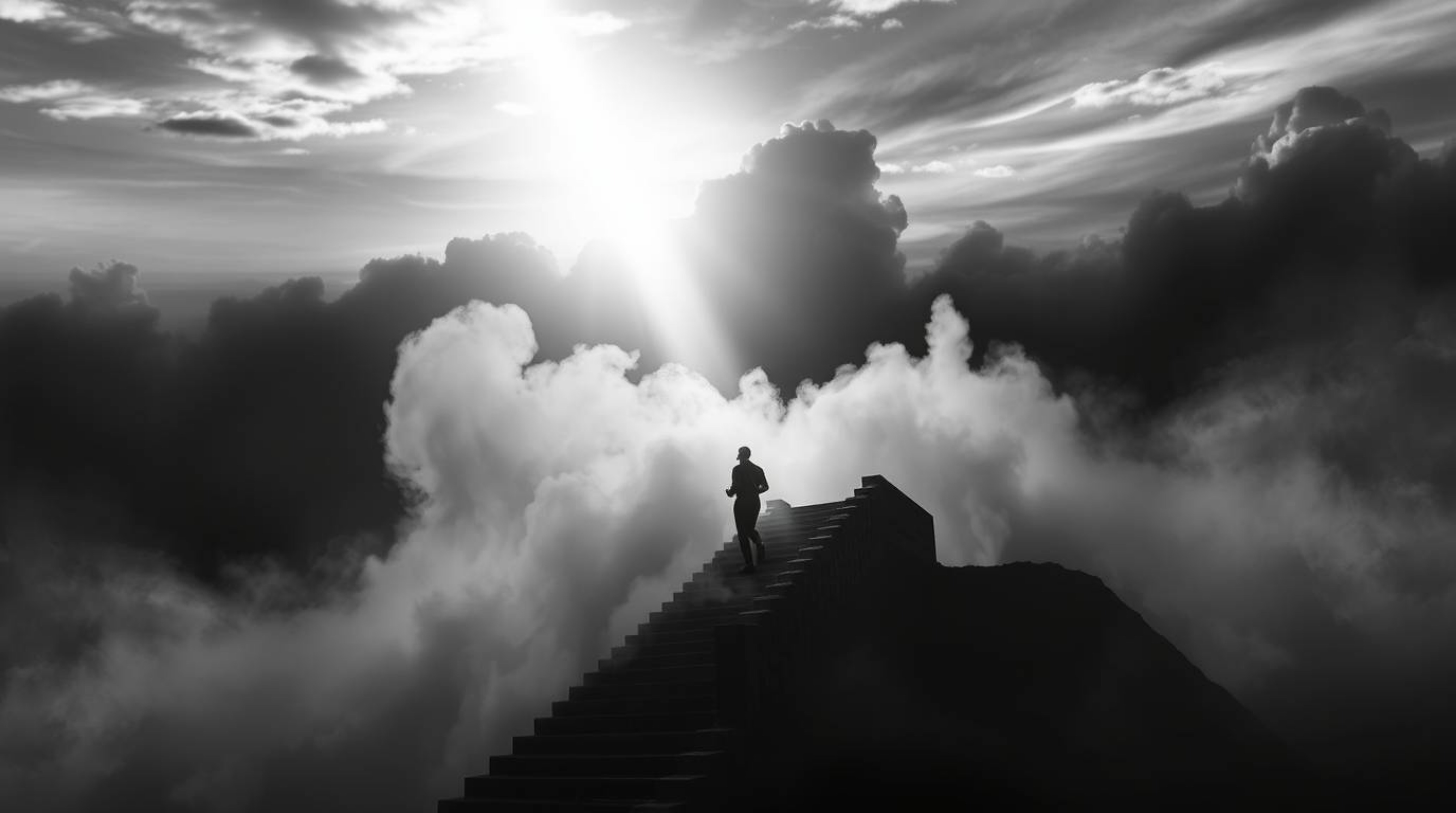 A classic black and white image capturing a lone figure's intense journey, ascending a stone staircase towards a divine light