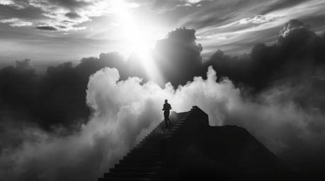 A classic black and white image capturing a lone figure's intense journey, ascending a stone staircase towards a divine light