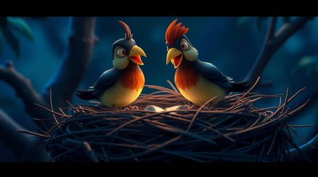 Witness two charming cartoon birds constructing their nest in a captivating cinematic scene. Rendered in dramatic deep teal