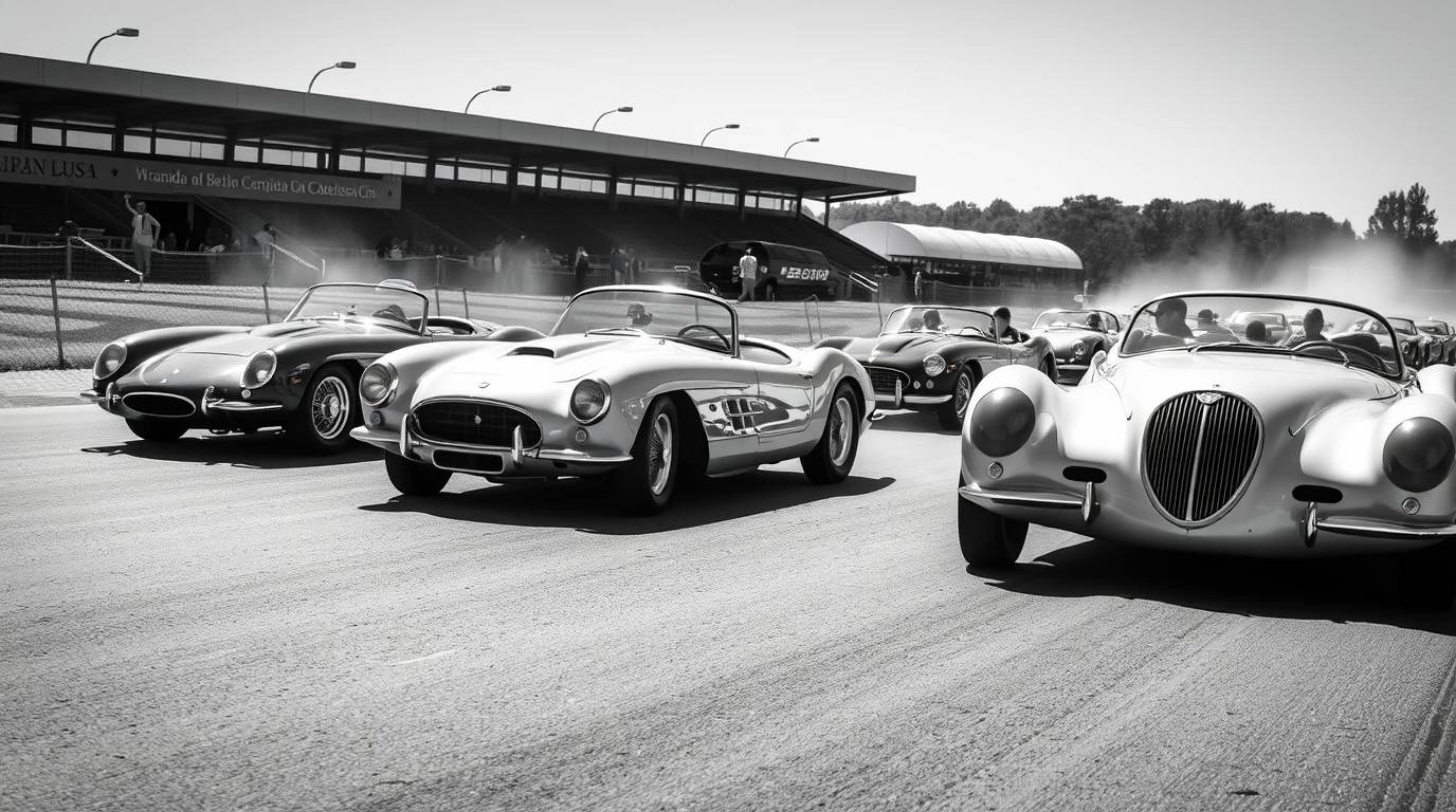 A timeless black and white photograph captures a wildly imaginative racing scene featuring eccentric cars. The strong, hard l