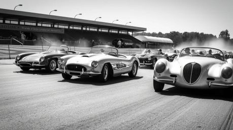 A timeless black and white photograph captures a wildly imaginative racing scene featuring eccentric cars. The strong, hard l