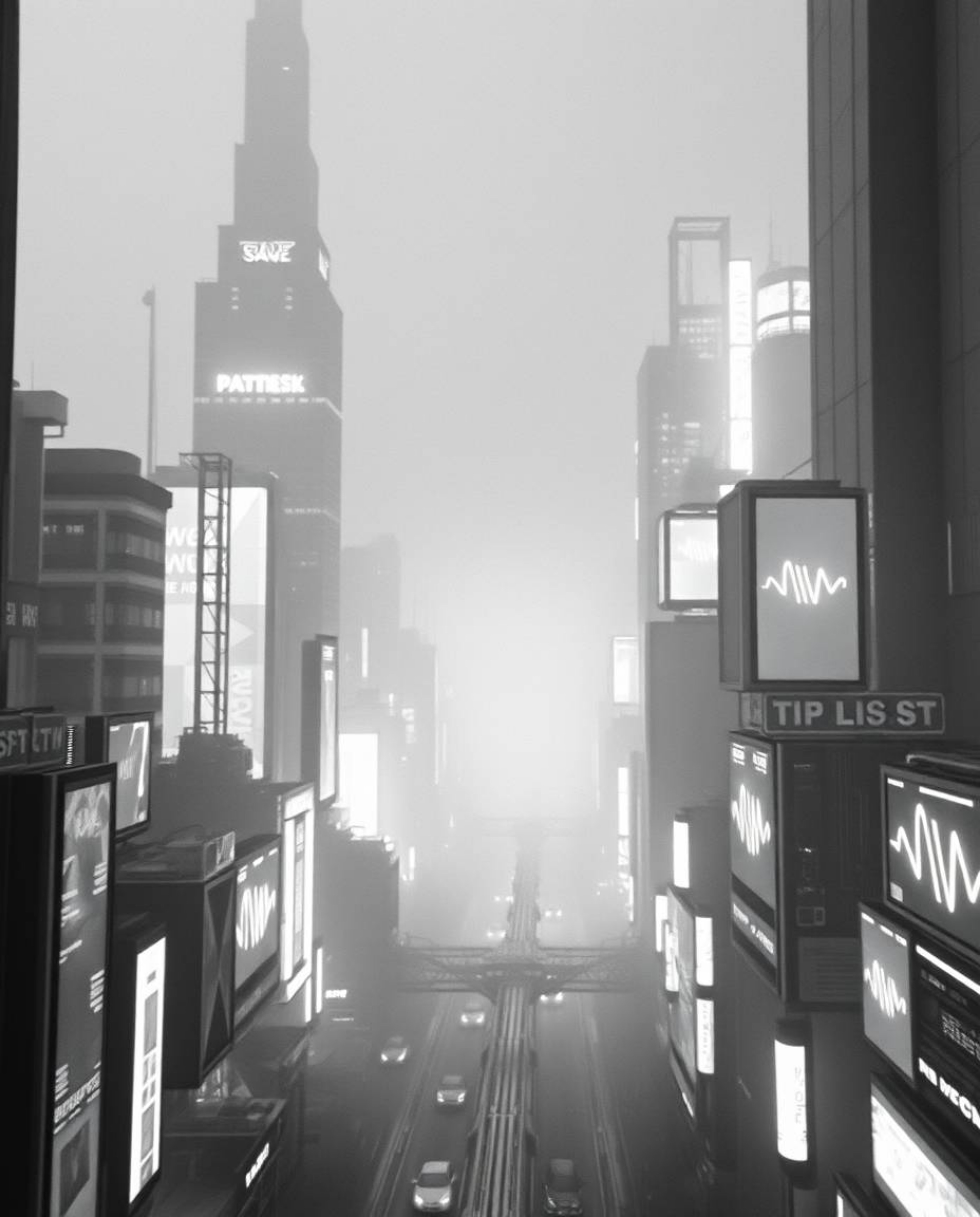 A timeless and elegant aesthetic is achieved in this classic black and white photograph. It depicts a futuristic city rendere