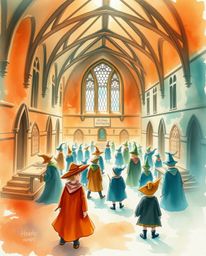 A delicate watercolor painting depicts a magical school teeming with young wizards, showcasing a harmonious blend of warm ter