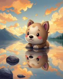 A charming digital painting captures a cute and adorable subject as it interacts with the beautiful reflections of fiery clou
