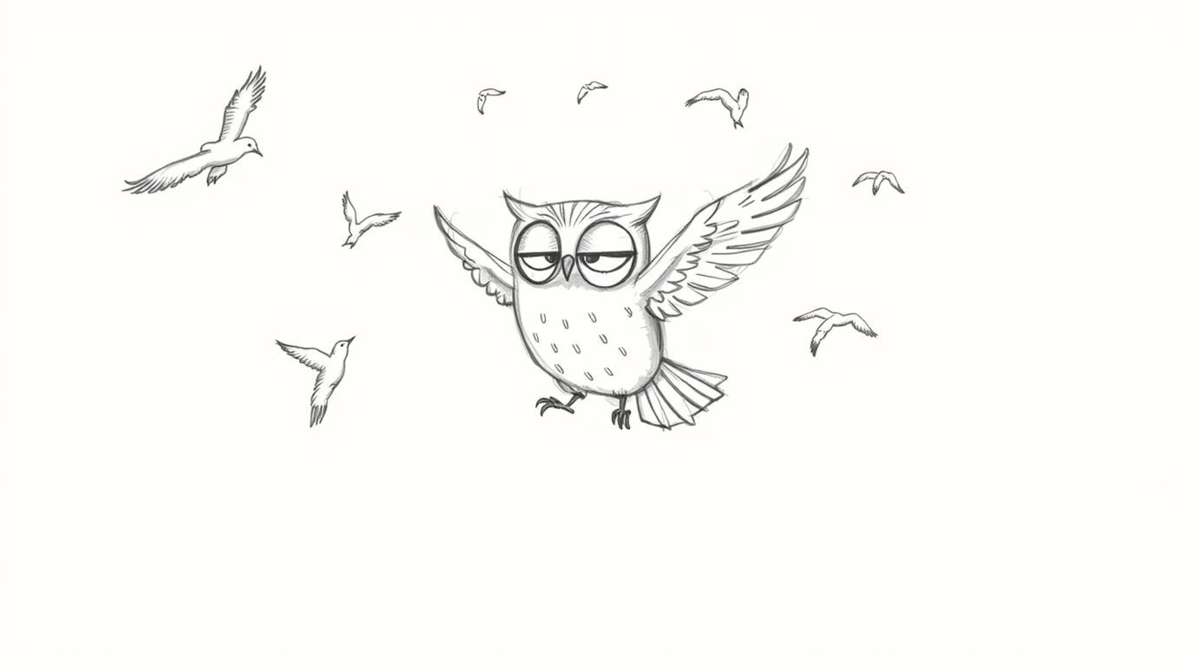 A charming hand-drawn sketch in the style of Pixar depicts a blind owl, with soft features, gracefully teaching birds to fly.
