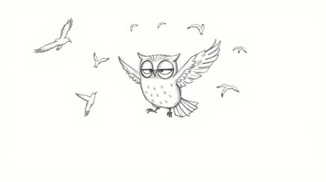 A charming hand-drawn sketch in the style of Pixar depicts a blind owl, with soft features, gracefully teaching birds to fly.