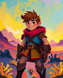 Experience a vibrant and glowing bioluminescent desert landscape featuring a brave hero in a Disney-esque adventure.  Painted