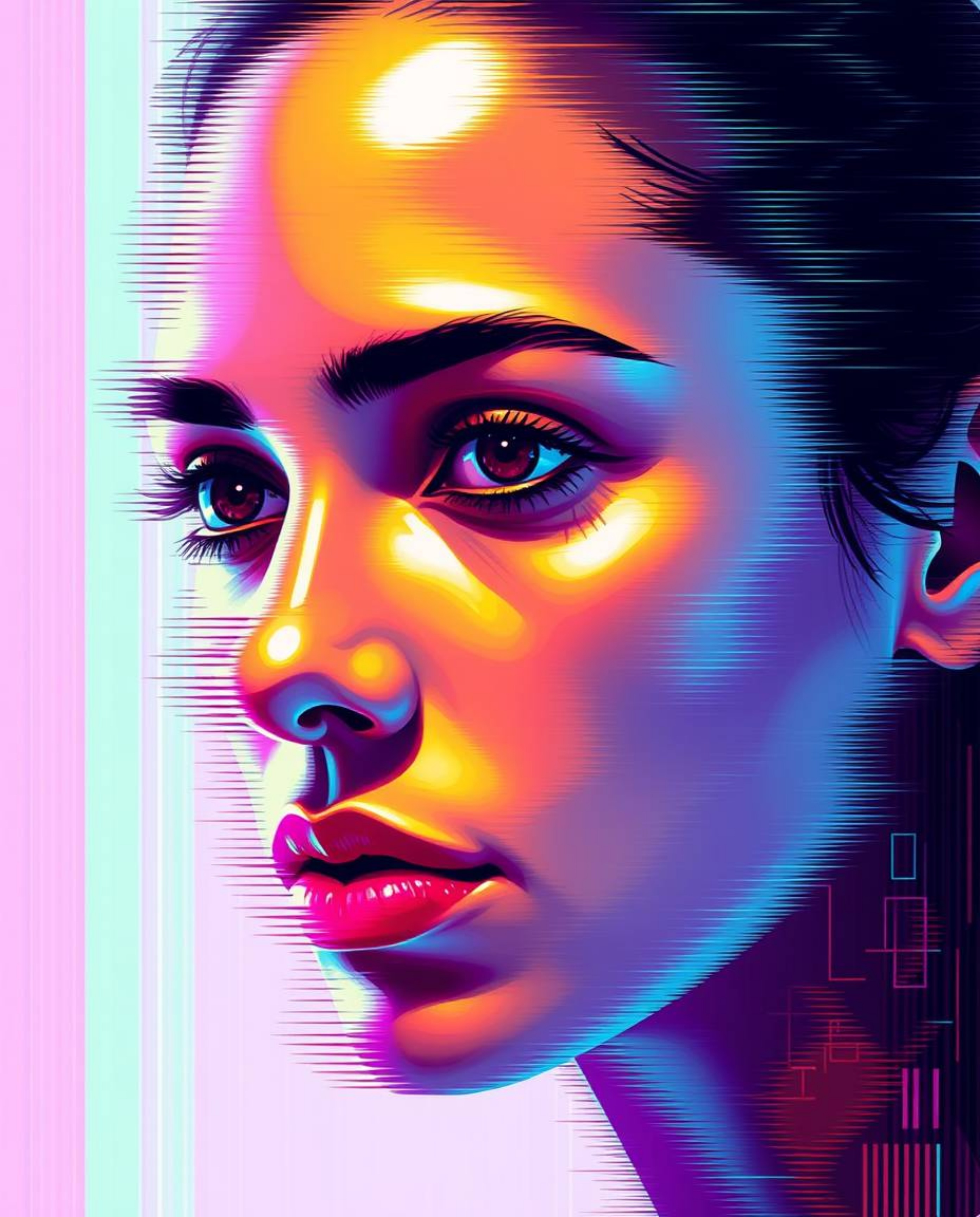 A striking digital glitch art portrait rendered in a bold acrylic style.  Featuring smooth gradient transitions, a corrupted 