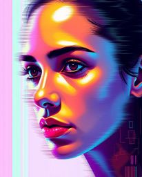 A striking digital glitch art portrait rendered in a bold acrylic style.  Featuring smooth gradient transitions, a corrupted 