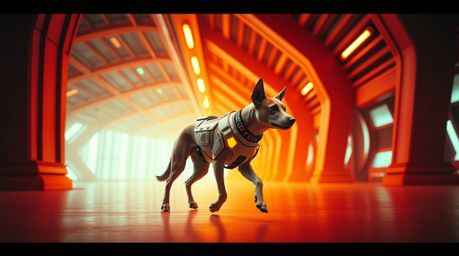 A captivating cinematic photograph depicts a futuristic dog autonomously strolling through the vast expanse of space. The ima
