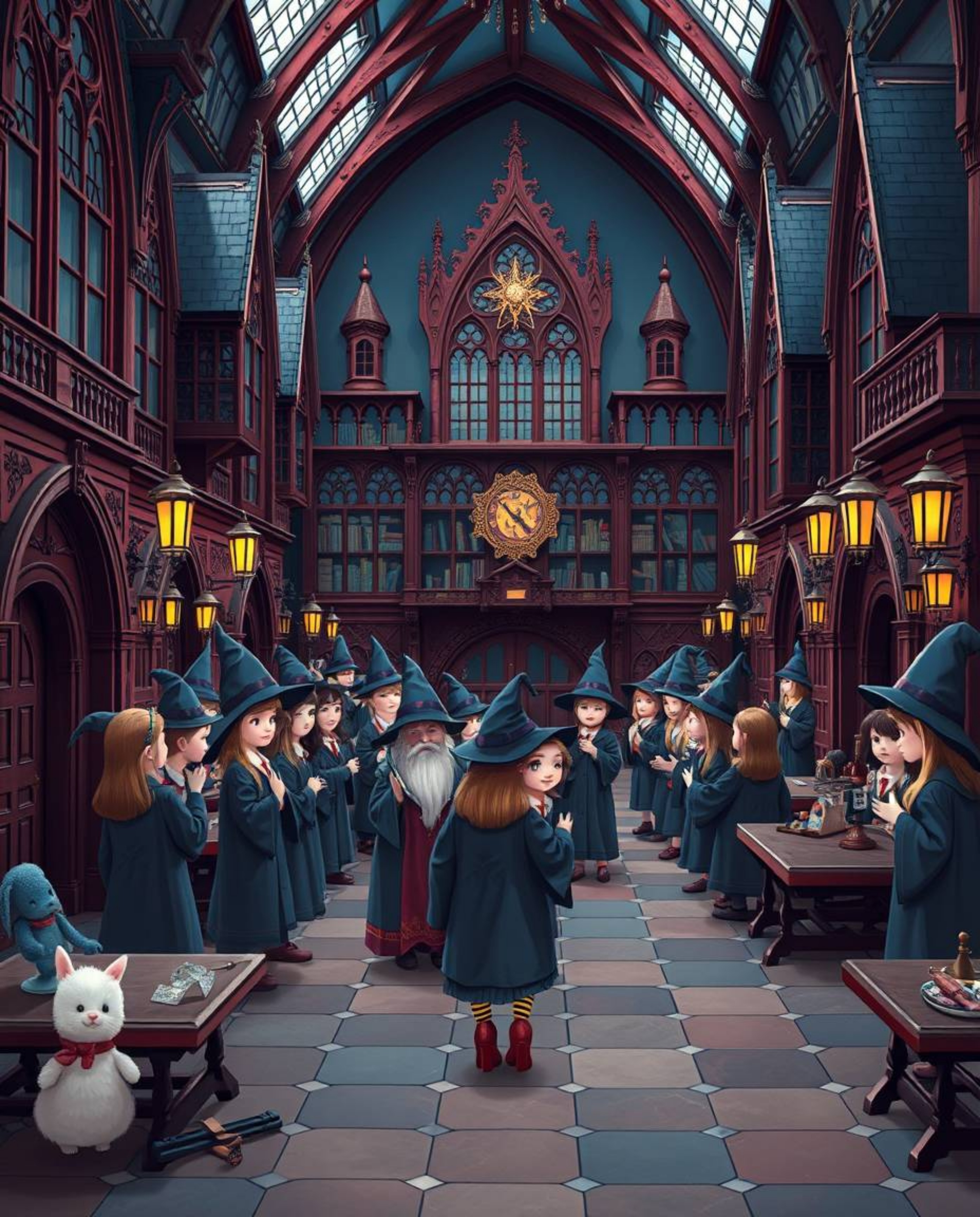 Step into a magical school brimming with young wizards, bathed in a rich burgundy and deep blue color scheme. Experience a so