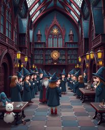 Step into a magical school brimming with young wizards, bathed in a rich burgundy and deep blue color scheme. Experience a so