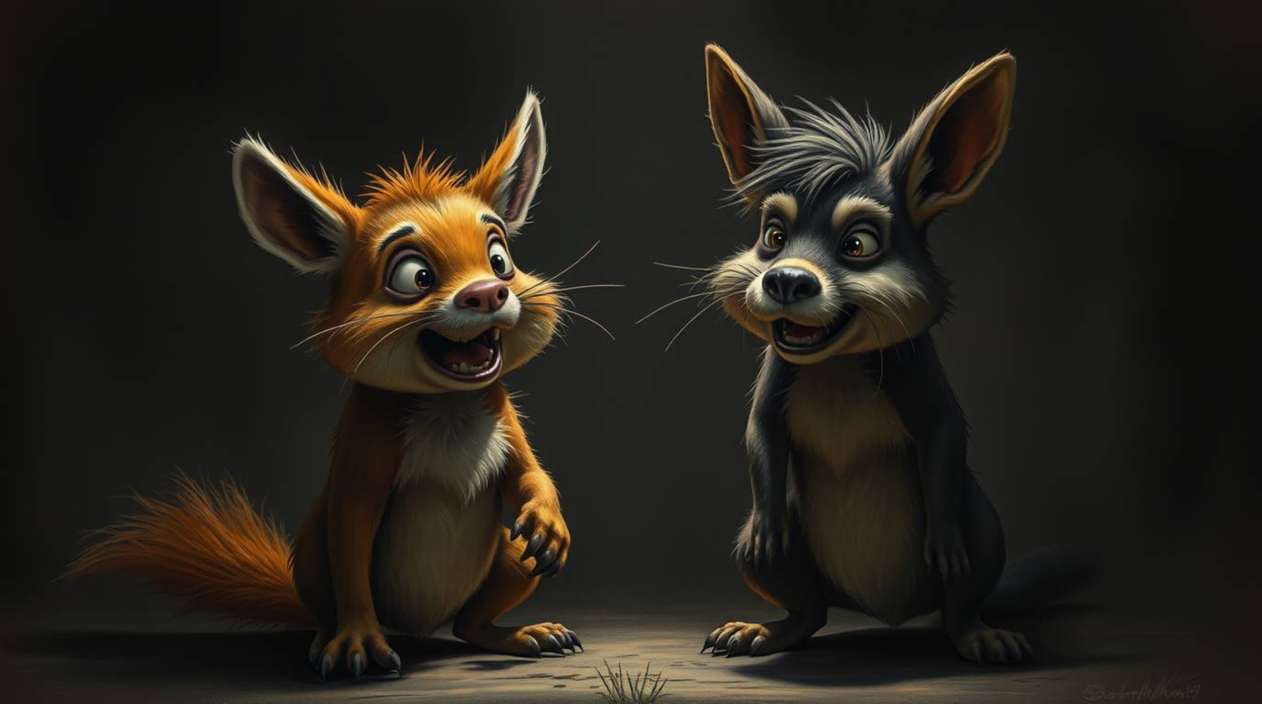 Witness a captivating scene featuring a duo of talking animals engaging in mischievous antics, brought to life with a moody a