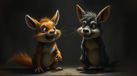 Witness a captivating scene featuring a duo of talking animals engaging in mischievous antics, brought to life with a moody a