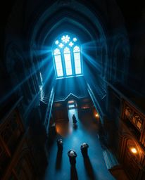 A captivating high-angle perspective photograph of a magical school bustling with young wizards. The image features intense d