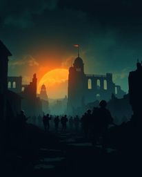 A rich, deep teal landscape depicts a haunting battlefield scene featuring silhouetted, time-warped soldiers amidst crumbling