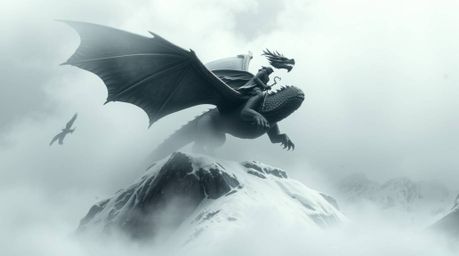 A majestic bronze sculpture depicts a dragon and its rider soaring above icy mountains shrouded in thick fog. The low visibil