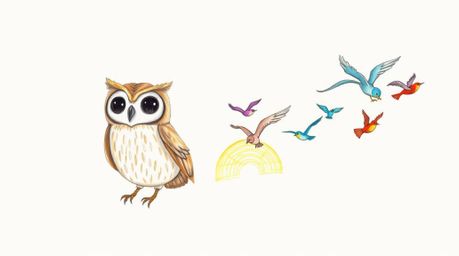 A heartwarming hand-drawn sketch in the style of Pixar depicts a gentle, blind owl with soft, textured pencil strokes leading
