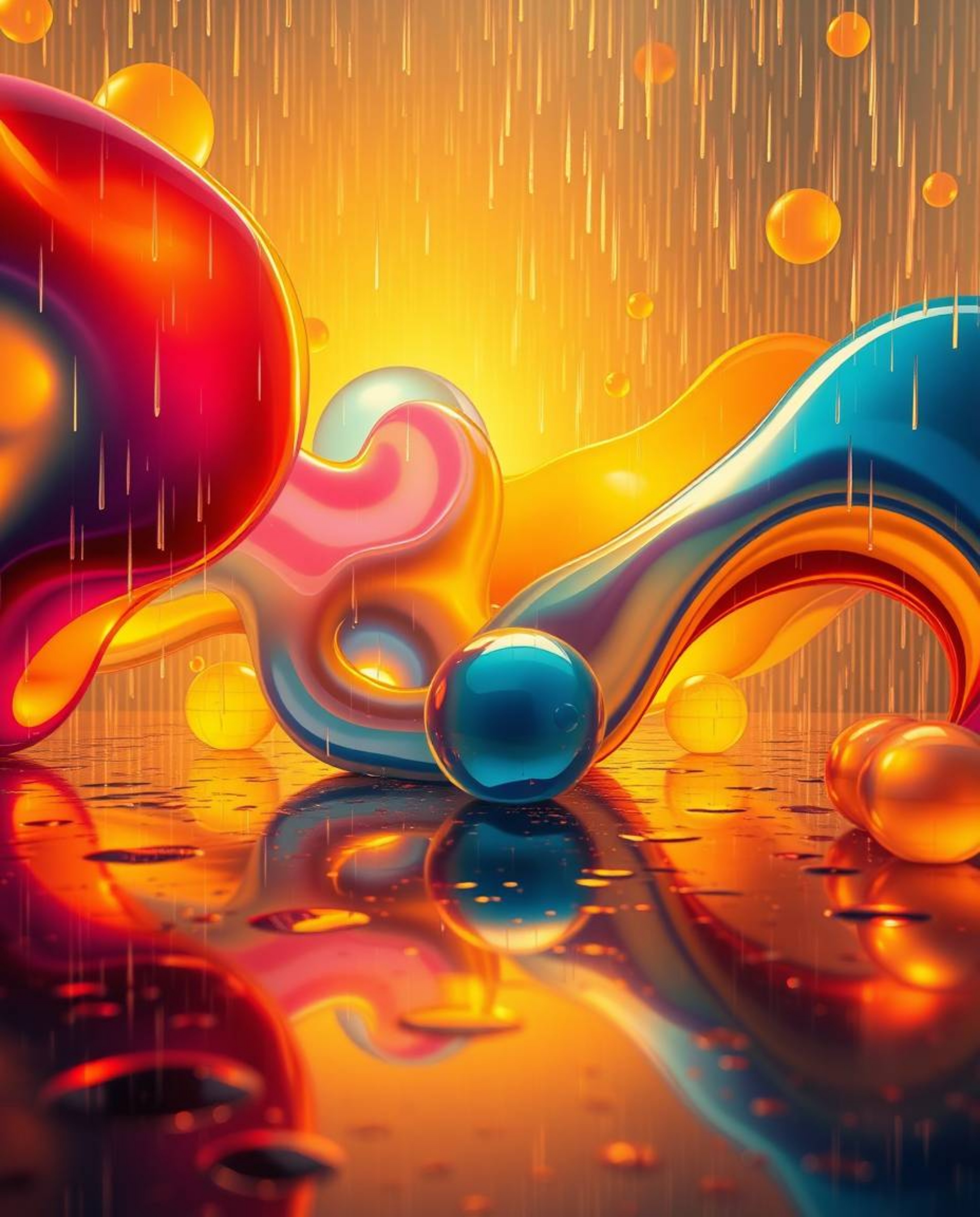 An abstract composition featuring colorful 3D fluid shapes interacting with geometric forms bathed in a warm golden glow.  Th