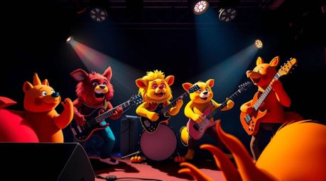 A vibrant and energetic scene depicts a cartoon animal rock band bathed in high-contrast, low-key lighting.  The scene, viewe