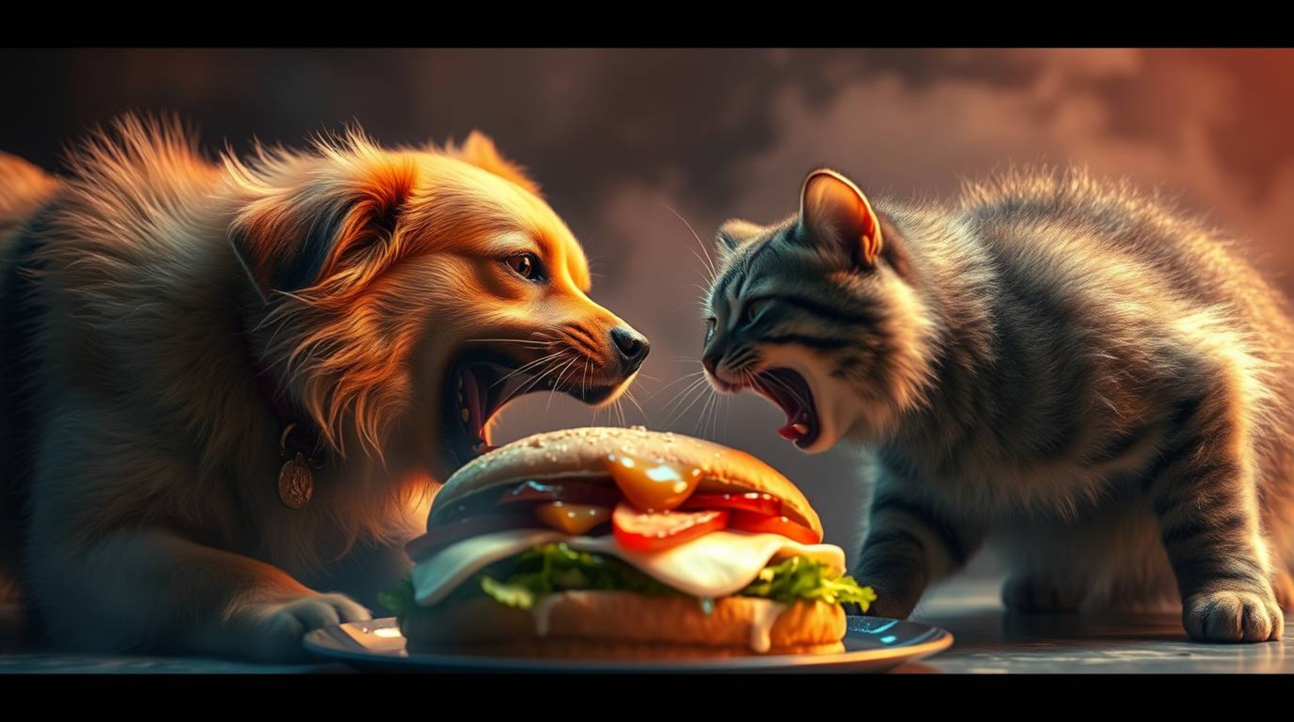 A captivating cinematic image showcases a fierce battle between a dog and a cat over a massive sandwich.  The scene is render