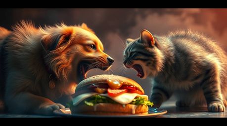 A captivating cinematic image showcases a fierce battle between a dog and a cat over a massive sandwich.  The scene is render