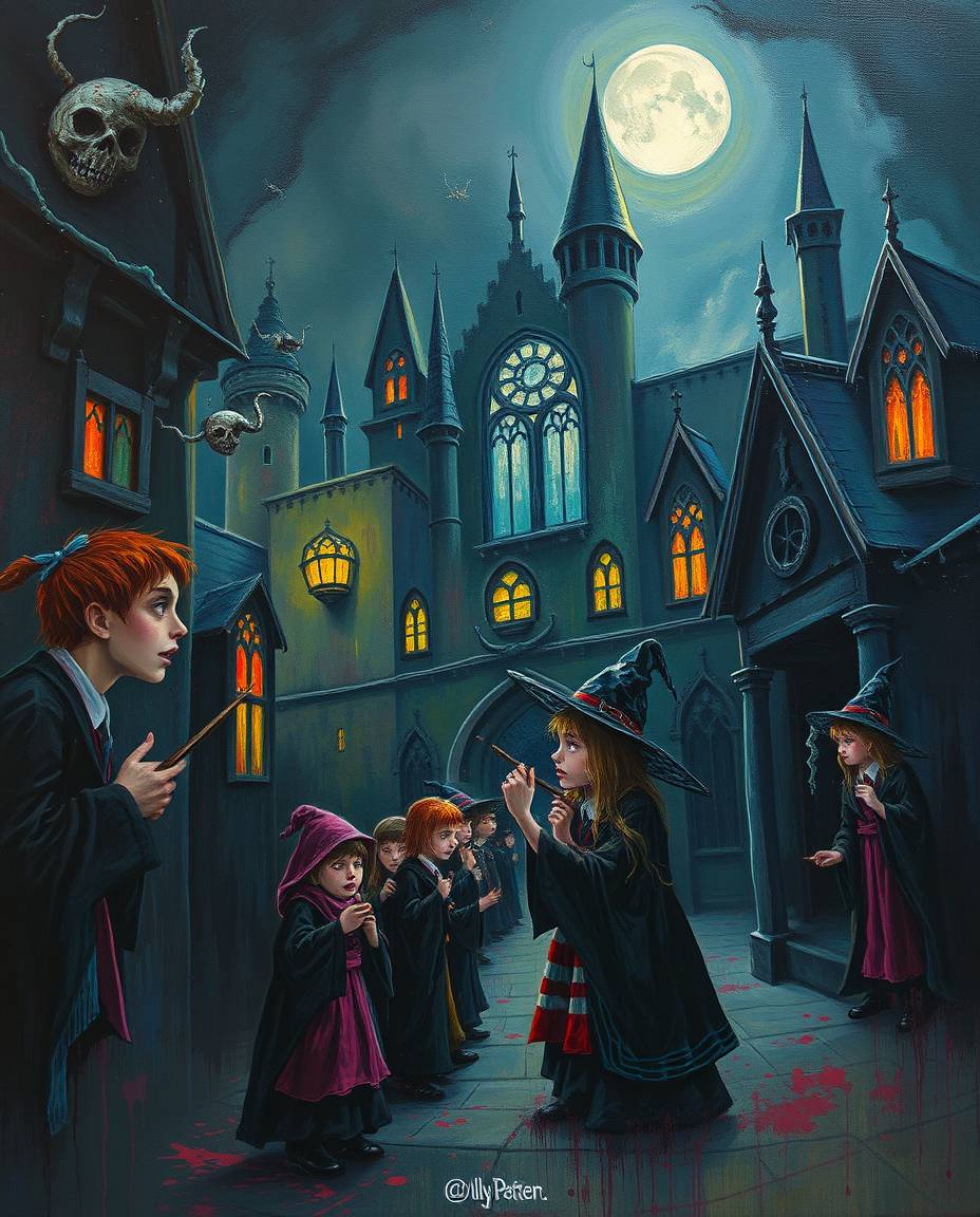 Discover an eerie yet vibrant acrylic painting depicting a magical school brimming with young wizards. This artwork features 