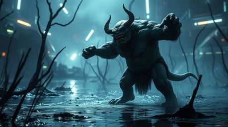 A futuristic ogre performs a captivating dance in a swampy environment, illuminated by dramatic, high-contrast lighting. The 