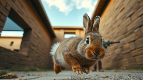 A photograph captures a wacky rabbit with a fluffy tail and expressive eyes outrunning a hunter from a high angle perspective