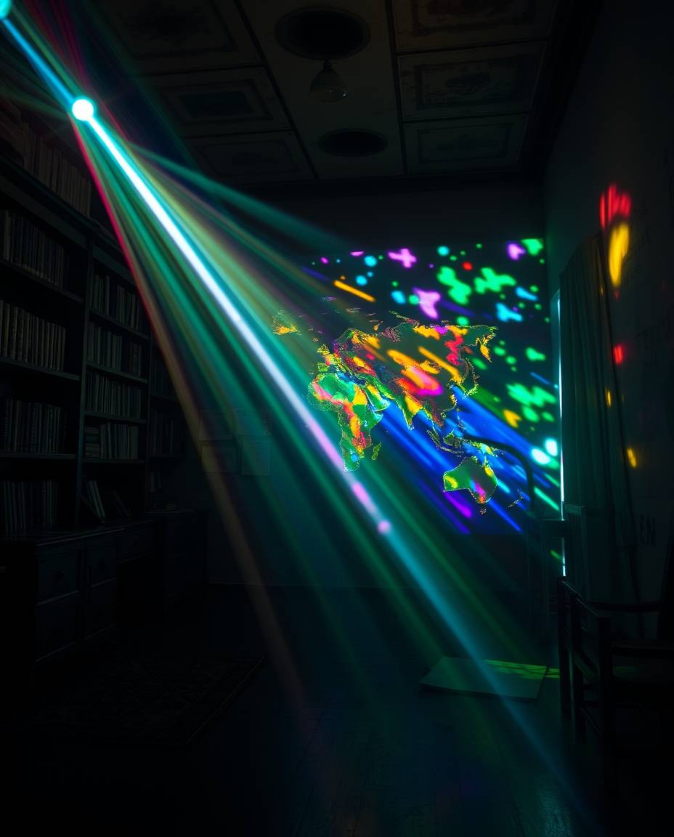 Discover captivating imagery featuring iridescent colors and bright lens flares. A glowing map projected in an old study sets