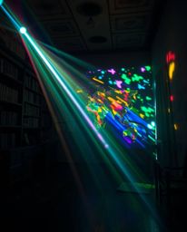 Discover captivating imagery featuring iridescent colors and bright lens flares. A glowing map projected in an old study sets