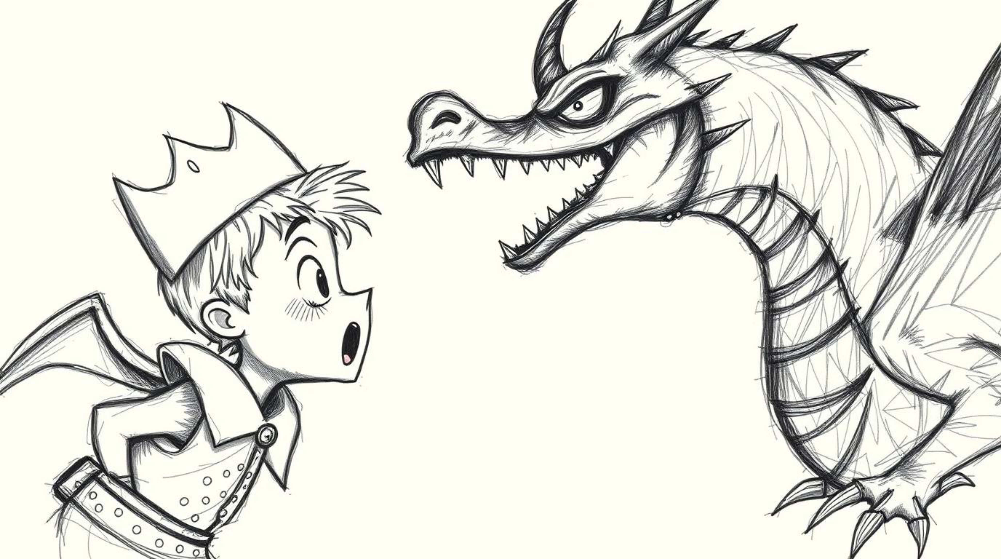 This captivating hand-drawn sketch depicts a charming prince with rosy cheeks and a determined gaze locked in combat with a f