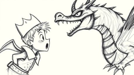 This captivating hand-drawn sketch depicts a charming prince with rosy cheeks and a determined gaze locked in combat with a f