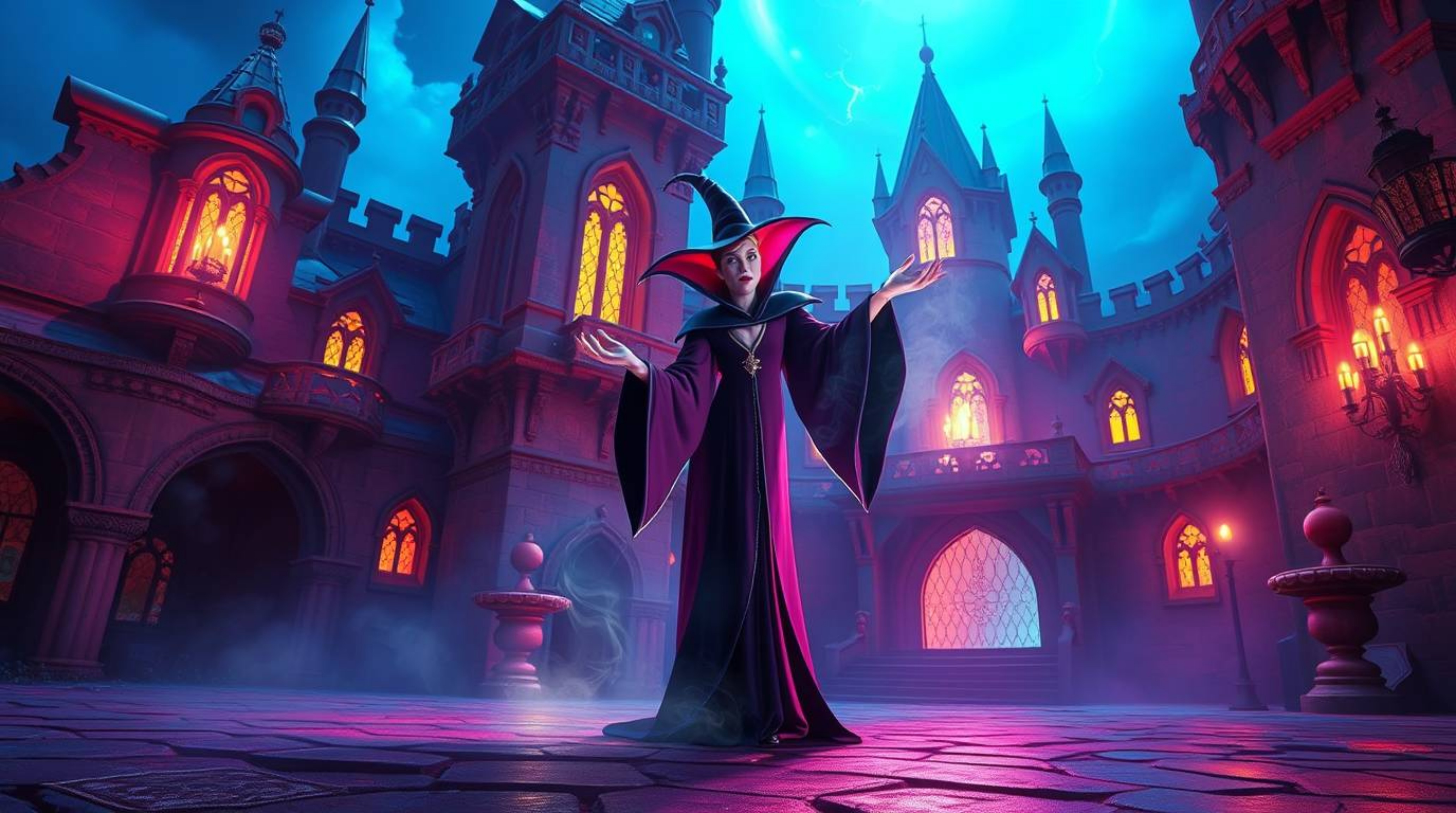 A classic Disney villain casts a captivating spell within the ancient walls of an old castle, bathed in vivid electric colors