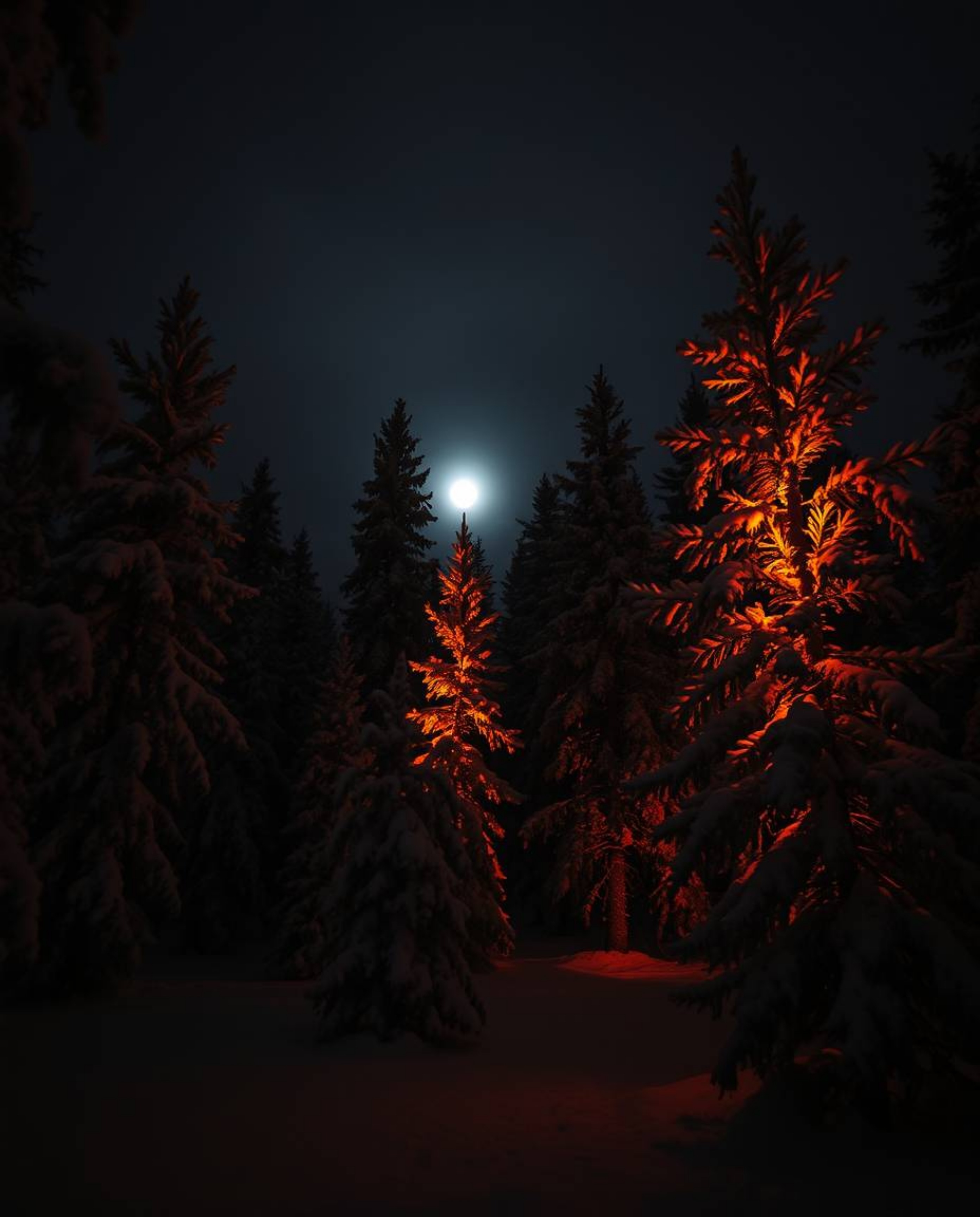 Creative light art evokes an eerie, creepy atmosphere as sunset light sparkles on snowy pine trees. This piece is characteriz