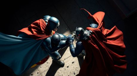 A captivating image depicts a superhero and a villain engaged in intense aerial combat.  Strong overhead lighting creates dra
