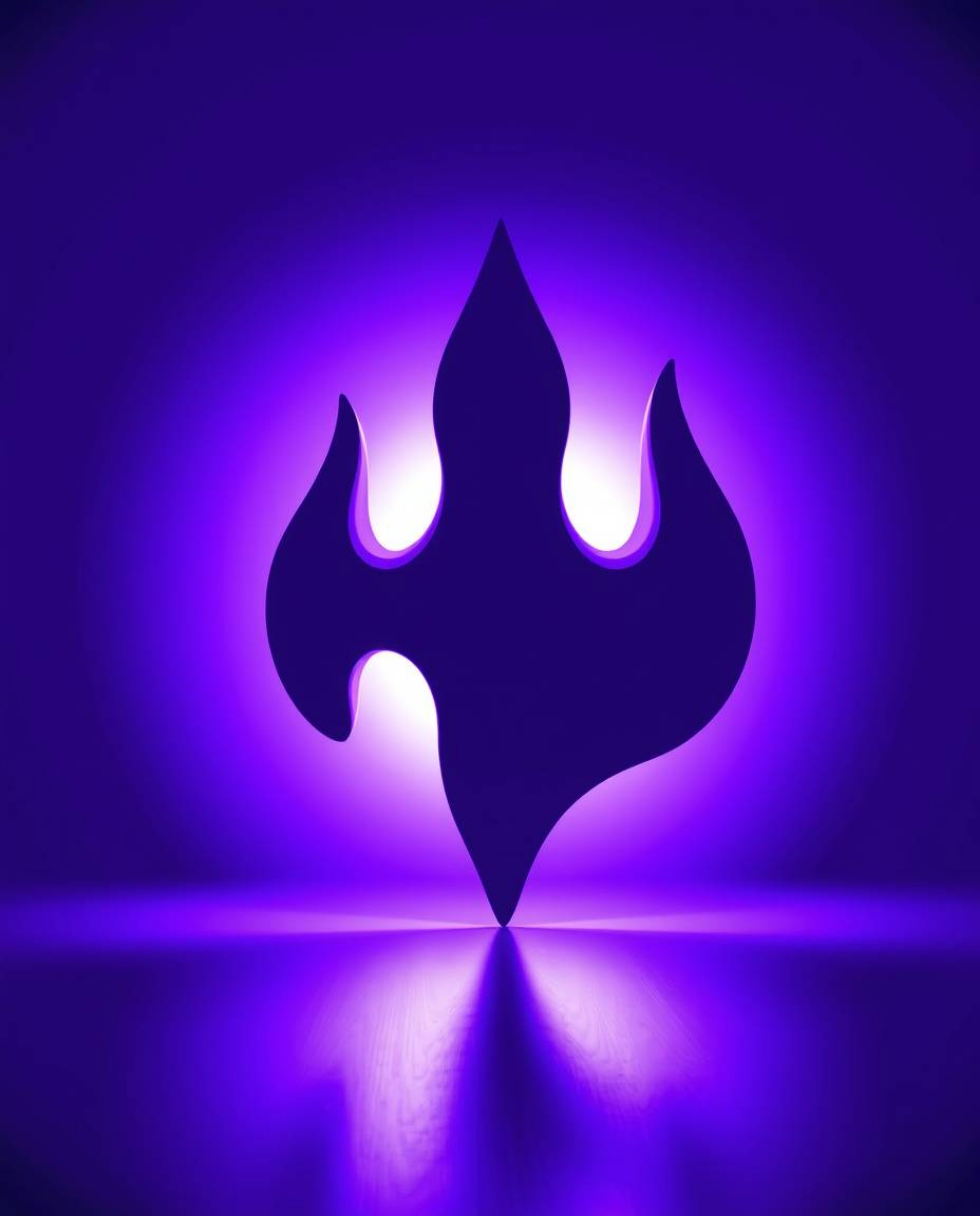 This design features a deep ultraviolet geometric logo with silhouetted backlighting highlighting sculptural 3D fluid mercury