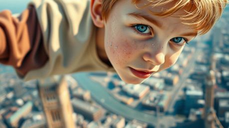 A captivating close-up portrays a young boy with freckles, seemingly weightless as he soars above London on a cloud of pixie 