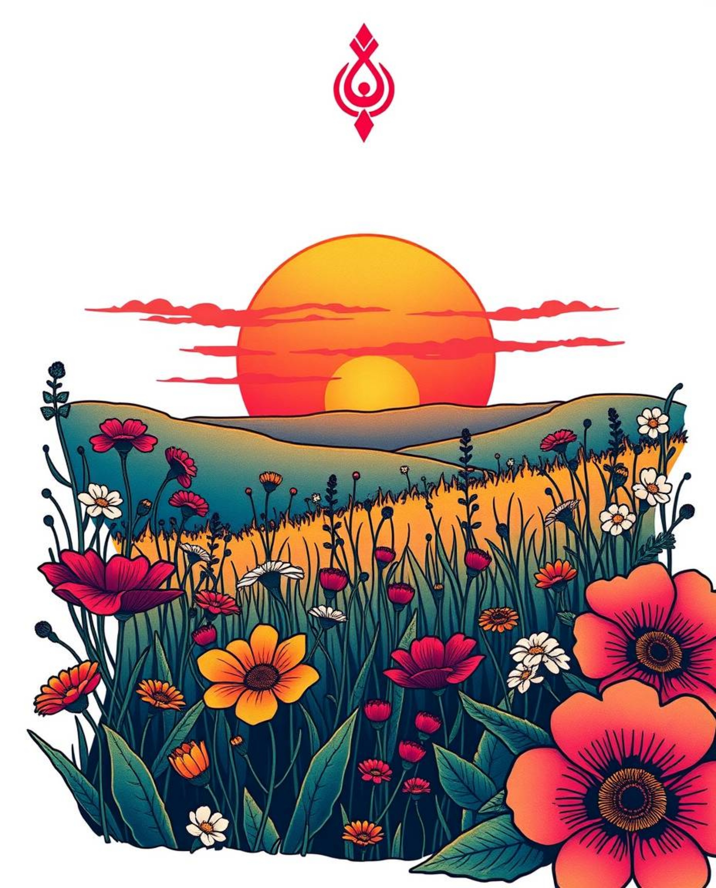 A symbolic traditional tattoo art print depicting a sunset over a spring wildflower meadow. This piece features a complex orn