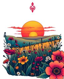 A symbolic traditional tattoo art print depicting a sunset over a spring wildflower meadow. This piece features a complex orn
