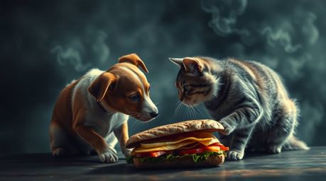 A captivating image depicts a dog and cat engaged in a humorous yet ethereal battle over a large sandwich.  The high-contrast